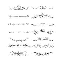 Gold text dividers doodle set. Wedding decorative elements. Divider ornament, borders, floral, vintage line separators. Hand drawn vector illustration isolated on white background. Set page dividers.
