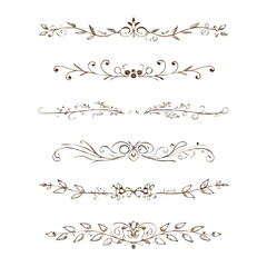Obraz premium Gold text dividers doodle set. Wedding decorative elements. Divider ornament, borders, floral, vintage line separators. Hand drawn vector illustration isolated on white background. Set page dividers. 