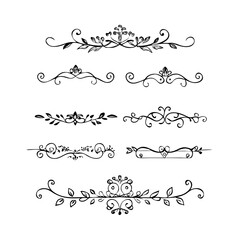 Obraz premium Gold text dividers doodle set. Wedding decorative elements. Divider ornament, borders, floral, vintage line separators. Hand drawn vector illustration isolated on white background. Set page dividers. 