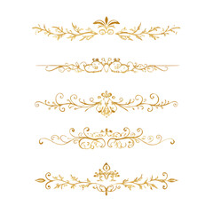 Obraz premium Gold text dividers doodle set. Wedding decorative elements. Divider ornament, borders, floral, vintage line separators. Hand drawn vector illustration isolated on white background. Set page dividers. 