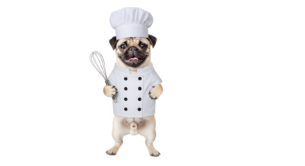 Pug dressed as a chef holding a whisk in a studio environment on transparent background