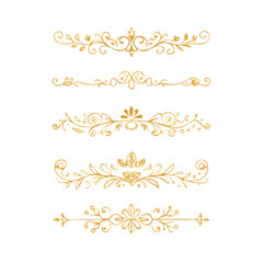 Gold text dividers doodle set. Wedding decorative elements. Divider ornament, borders, floral, vintage line separators. Hand drawn vector illustration isolated on white background. Set page dividers.
