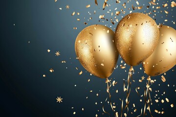 Festive background with golden sphere balloon and decorative confetti, vector greeting card layout