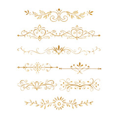 Gold text dividers doodle set. Wedding decorative elements. Divider ornament, borders, floral, vintage line separators. Hand drawn vector illustration isolated on white background. Set page dividers.
