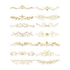 Gold text dividers doodle set. Wedding decorative elements. Divider ornament, borders, floral, vintage line separators. Hand drawn vector illustration isolated on white background. Set page dividers.
