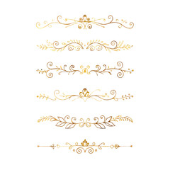 Gold text dividers doodle set. Wedding decorative elements. Divider ornament, borders, floral, vintage line separators. Hand drawn vector illustration isolated on white background. Set page dividers.
