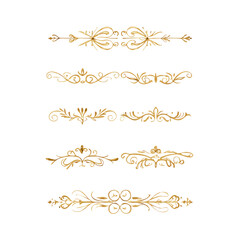 Gold text dividers doodle set. Wedding decorative elements. Divider ornament, borders, floral, vintage line separators. Hand drawn vector illustration isolated on white background. Set page dividers.
