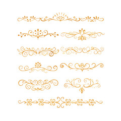 Gold text dividers doodle set. Wedding decorative elements. Divider ornament, borders, floral, vintage line separators. Hand drawn vector illustration isolated on white background. Set page dividers.
