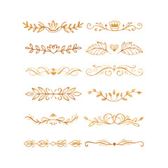 Gold text dividers doodle set. Wedding decorative elements. Divider ornament, borders, floral, vintage line separators. Hand drawn vector illustration isolated on white background. Set page dividers.
