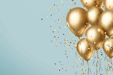 Festive background with golden sphere balloon and decorative confetti, vector greeting card layout