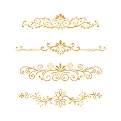 Gold text dividers doodle set. Wedding decorative elements. Divider ornament, borders, floral, vintage line separators. Hand drawn vector illustration isolated on white background. Set page dividers.
