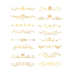 Gold text dividers doodle set. Wedding decorative elements. Divider ornament, borders, floral, vintage line separators. Hand drawn vector illustration isolated on white background. Set page dividers.
