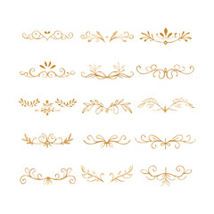 Gold text dividers doodle set. Wedding decorative elements. Divider ornament, borders, floral, vintage line separators. Hand drawn vector illustration isolated on white background. Set page dividers.
