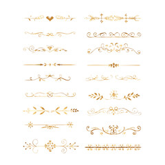 Obraz premium Gold text dividers doodle set. Wedding decorative elements. Divider ornament, borders, floral, vintage line separators. Hand drawn vector illustration isolated on white background. Set page dividers. 