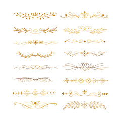 Gold text dividers doodle set. Wedding decorative elements. Divider ornament, borders, floral, vintage line separators. Hand drawn vector illustration isolated on white background. Set page dividers.
