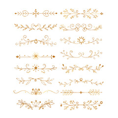Gold text dividers doodle set. Wedding decorative elements. Divider ornament, borders, floral, vintage line separators. Hand drawn vector illustration isolated on white background. Set page dividers.
