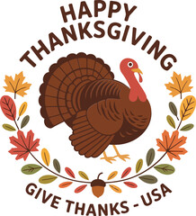 Colorful badge design with turkey and stars for give thanks usa theme perfect for autumn event branding