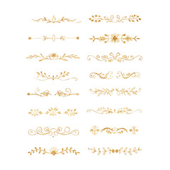 Gold text dividers doodle set. Wedding decorative elements. Divider ornament, borders, floral, vintage line separators. Hand drawn vector illustration isolated on white background. Set page dividers.
