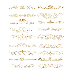 Obraz premium Gold text dividers doodle set. Wedding decorative elements. Divider ornament, borders, floral, vintage line separators. Hand drawn vector illustration isolated on white background. Set page dividers. 