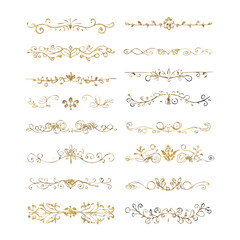 Obraz premium Gold text dividers doodle set. Wedding decorative elements. Divider ornament, borders, floral, vintage line separators. Hand drawn vector illustration isolated on white background. Set page dividers. 