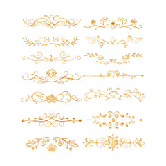 Gold text dividers doodle set. Wedding decorative elements. Divider ornament, borders, floral, vintage line separators. Hand drawn vector illustration isolated on white background. Set page dividers.
