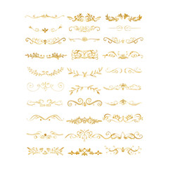 Gold text dividers doodle set. Wedding decorative elements. Divider ornament, borders, floral, vintage line separators. Hand drawn vector illustration isolated on white background. Set page dividers.
