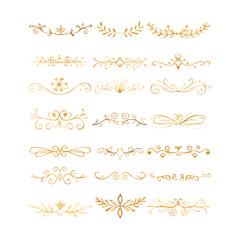 Obraz premium Gold text dividers doodle set. Wedding decorative elements. Divider ornament, borders, floral, vintage line separators. Hand drawn vector illustration isolated on white background. Set page dividers. 