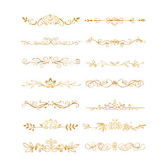 Obraz premium Gold text dividers doodle set. Wedding decorative elements. Divider ornament, borders, floral, vintage line separators. Hand drawn vector illustration isolated on white background. Set page dividers. 
