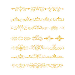 Gold text dividers doodle set. Wedding decorative elements. Divider ornament, borders, floral, vintage line separators. Hand drawn vector illustration isolated on white background. Set page dividers.
