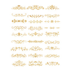 Gold text dividers doodle set. Wedding decorative elements. Divider ornament, borders, floral, vintage line separators. Hand drawn vector illustration isolated on white background. Set page dividers.
