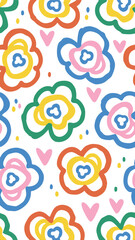 Floral Fiesta: A vibrant pattern of colorful floral illustrations and delicate hearts dances across the space, creating a cheerful and captivating visual experience.