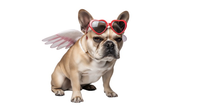 French bulldog wearing heart glasses and angel wings sitting on transparent background