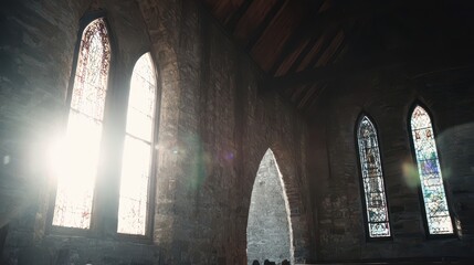 Sunlight streams through stained glass windows in an old church.