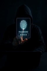 Hacker Using Futuristic Biometric Fingerprint Scanner and Password Interface on Laptop to Breach Cybersecurity System