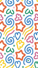 Joyful Doodle Pattern: A cheerful and playful seamless pattern featuring hand-drawn hearts, stars, swirls, and abstract floral elements in vibrant colors.