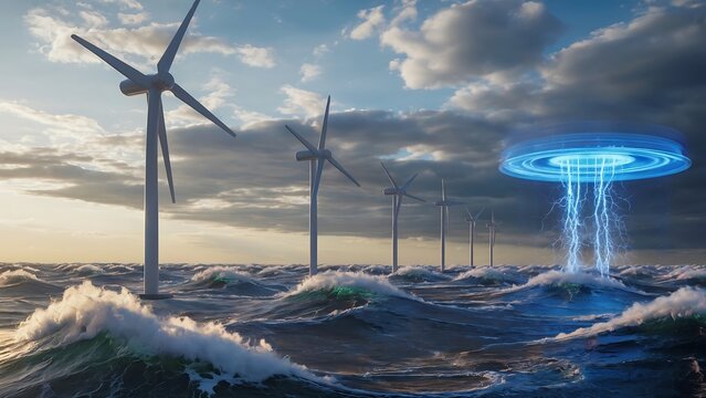 Offshore wind turbines generate power amidst stormy seas with a mysterious glowing energy source