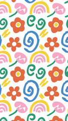 Playful Floral Delight: A vibrant pattern of cheerful flowers, whimsical rainbows, and spiraling designs brings a burst of joy and energy.  A cheerful, vibrant and lovely style!
