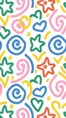 Colorful Doodle Art: A vibrant and playful pattern composed of hand-drawn doodles, including stars, hearts, swirls, and lines in a lively, dynamic, and captivating aesthetic.