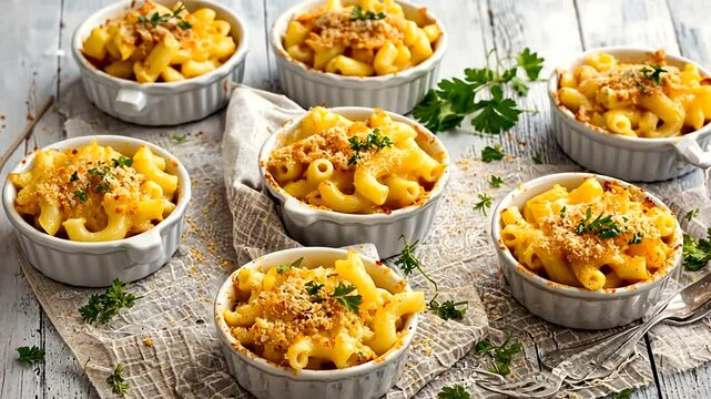 Delicious baked macaroni and cheese served in white ramekins on a rustic wooden table