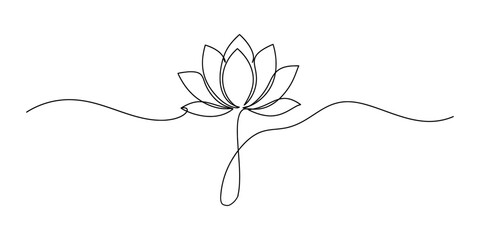 A single line drawing of a lotus flower isolated on white background