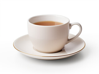 Close up shot of a cup of tea with saucer isolated on white background