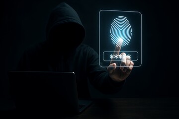 Hacker Using Futuristic Biometric Fingerprint Scanner and Password Interface on Laptop to Breach Cybersecurity System
