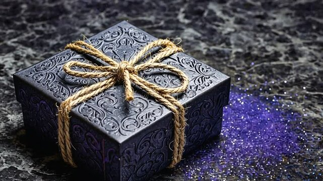 Elegant black gift box with intricate designs, tied with twine, on a textured surface with glitter