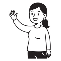 Smiling woman waving hand in hello gesture simple minimalist black and white illustration