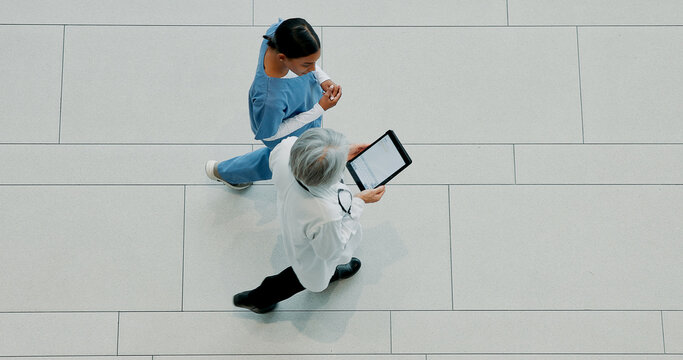 Women, doctor and medical team with tablet above for healthcare research or discovery at hospital. Top view, female people or nurse walking with technology or app for health development on space