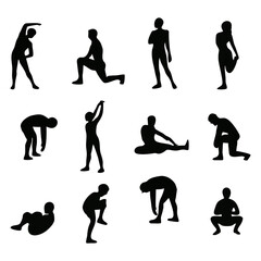 Silhouetted figures demonstrating various stretching and exercise poses, illustrating fitness.