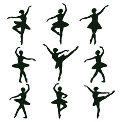 Nine silhouettes of ballerinas in various graceful poses, showcasing different ballet positions and movements.