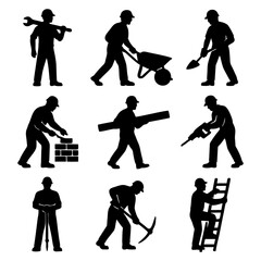 Silhouettes of construction workers performing various tasks, including bricklaying, digging, and using tools.