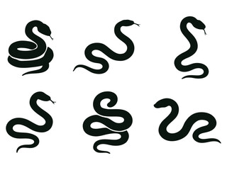 Six black silhouette snake illustrations in various poses, displayed on a white background.