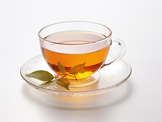 Clear glass cup filled with tea and leaves on a saucer isolated white background